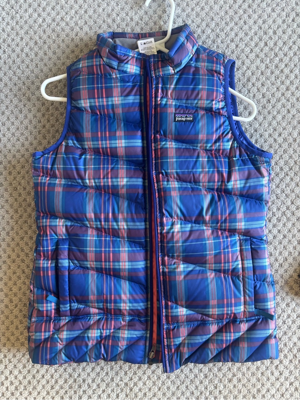 Patagonia Kids Blue & Pink Plaid Puffer Vest